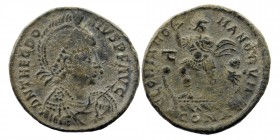 THEODOSIUS I (379-395). Ae. Constantinople
Helmeted, diademed, draped and cuirassed bust right, holding shield and spear.
Rev: Theodosius, with head r...
