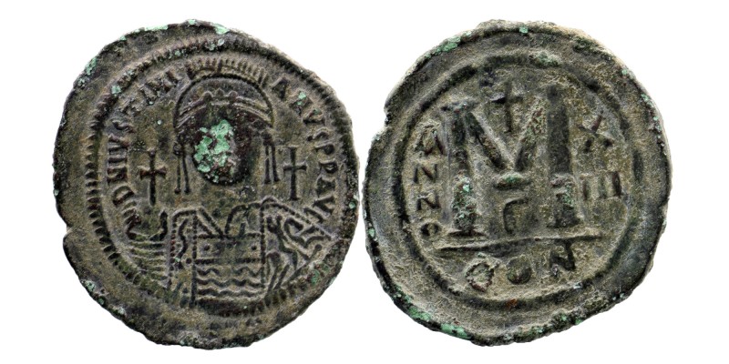 Justinian I the Great (AD 527-565). AE follis or 40 nummi
Obv: helmeted, cuirass...