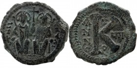 Justin II and Sophia (565-578). AE 20 Nummi Constantinople,
Justin and Sophia seated facing on double throne
Rev: ANNO/ Large K; cross above, P below....