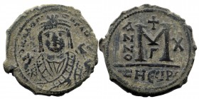 Maurice Tiberius, 582-602 AD. AE Follis Theoupolis (Antioch)
Crowned facing bust / 
Rev: Large M. 
S.533
11,59 gr. 30 mm