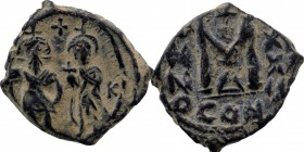 Heraclius, 610-641 AD. AE Follis of Constantinople
Heraclius Constantine and Heraclonas standing/
Large M, cross above. Con below. ANNO left XX II rig...