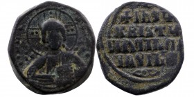 Anonymous follis, time of Basil II and Constantine VIII (970 – 1092). AE Follis 
Bust of Christ facing with ornate crossed nimbus, raising right hand ...