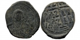 Attributed to time of Basil II & Constantine VIII. 976-1028. AE follis 
Obv: Nimbate bust of christ + NOV]H
Rev: Legend in three lines divided by limb...