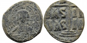 Anonymous (attributed to Romanus III). ca. 1028-1034. AE follis
Constantinople mint.
Rev: Bust of Christ facing
legend in three lines divided by limbs...