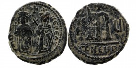 Phocas, 602-610 AE Follis Antioch
Phocas, crowned holding globus cruciger; to right Leontia, nimbate and crowned, holding cross-tipped scepter, in fie...