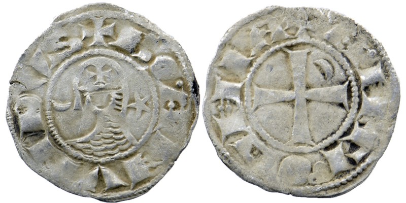 Bohemond III AR Denier Angtioch 1163-1188 AD
BOAИVHDVS, helmeted and mailed head...