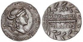 GREEK COINS
Tetradracma. 158-149 a.C. AMPHIPOLIS. MACEDONIA. Anv.: Busto de Artemisa a derecha, sobre escudo macedonio. Rev.: Clava, arriba y abajo l...