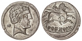 CELTIBERIAN COINS
Denario. 150-20 a.C. ARECORATAS (ÁGREDA, Soria). Anv.: Cabeza imberbe a derecha, detrás letra ibérica Cu. Rev.: Jinete con lanza as...