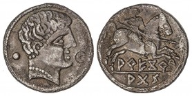 CELTIBERIAN COINS
Denario. 150-20 a.C. ARECORATAS (ÁGREDA, Soria). Anv.: Cabeza imberbe a derecha, detrás punto, delante contramarca circular. Rev.: ...