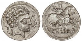 CELTIBERIAN COINS
Denario. 120-80 a.C. ARSAOS (en NAVARRA). Anv.: Cabeza barbada a derecha, entre arado y delfín. Rev.: Jinete con dardo a derecha, d...