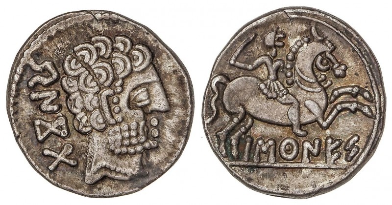 CELTIBERIAN COINS
Denario. 120-20 a.C. BASCUNES (PAMPLONA). Anv.: Cabeza barbad...