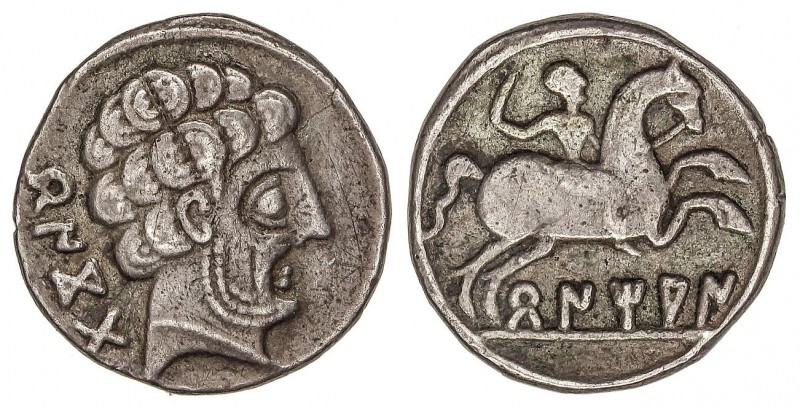 CELTIBERIAN COINS
Denario. 120-80 a.C. BENTIAM (en NAVARRA). Anv.: Cabeza barba...