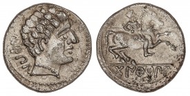 CELTIBERIAN COINS
Denario. 120-80 a.C. CONTERBIA CARBICA (HUETE, Cuenca). Anv.: Cabeza masculina a derecha, detrás leyenda ibérica KARBIKA. Rev.: Jin...