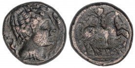 CELTIBERIAN COINS
As. 200-20 a.C. ILTIRTA (LLEIDA). Anv.: Cabeza masculina a derecha rodeada por tres delfines. Rev.: Jinete con palma y clámide a de...