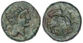 CELTIBERIAN COINS
As. 200-20 a.C. ILTIRTA (LLEIDA). Anv.: Cabeza masculina a derecha rodeada por tres delfines. Rev.: Jinete con palma y clámide a de...