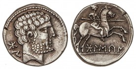 CELTIBERIAN COINS
Denario. 180-20 a.C. BOLSCAN (HUESCA). Anv.: Cabeza barbada a derecha, detrás BoN. Variante de estilo. Rev.: Jinete con lanza a der...
