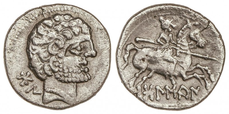 CELTIBERIAN COINS
Denario. 180-20 a.C. BOLSCAN (HUESCA). Anv.: Cabeza barbada a...