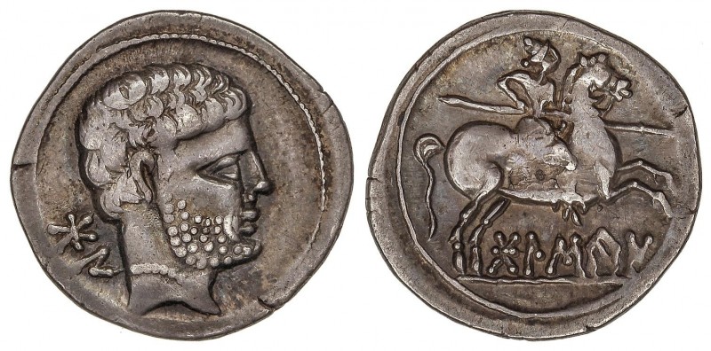 CELTIBERIAN COINS
Denario. 120-20 a.C. BOLSCAN (HUESCA). Anv.: Cabeza barbada, ...
