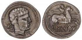 CELTIBERIAN COINS
Denario. 120-20 a.C. BOLSCAN (HUESCA). Anv.: Cabeza barbada, detrás BoN. Rev.: Jinete con lanza a derecha, debajo leyenda ibérica B...