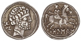 CELTIBERIAN COINS
Denario. 180-20 a.C. BOLSCAN (HUESCA). Anv.: Cabeza barbada a derecha, detrás letras ibéricas ON (H¶). Rev.: Jinete con lanza a der...