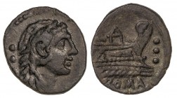 ROMAN COINS: ROMAN REPUBLIC
Quadrans. 91 a.C. ANÓNIMA. Anv.: Cabeza de Hércules a derecha, detrás tres puntos. Rev.: Proa de nave a derecha, debajo R...