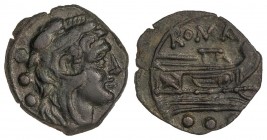 ROMAN COINS: ROMAN REPUBLIC
Quadrans. 91 a.C. ANONIMAS. Anv.: Cabeza de Hércules a derecha, detrás tres puntos. Rev.: Proa de nave a derecha, encima ...