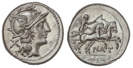 ROMAN COINS: ROMAN REPUBLIC
Denario. 155 a.C. PINARIA-2. Pinarius Natta. Anv.: Cabeza de Roma a derecha, detrás X. Rev.: Victoria en biga con látigo ...