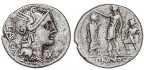 ROMAN COINS: ROMAN REPUBLIC
Denario. 110 a.C. PORCIA-4. P. Porcius Laeca. Rev.: Soldado romano en pie a izquierda seguido de líctor, levantando mano ...