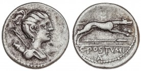 ROMAN COINS: ROMAN REPUBLIC
Denario. 74 a.C. POSTUMIA-9. C. Postumius At. Rev.: Perro a derecha, debajo lanza. En exergo: C. POSTVMIA. 3,99 grs. AR. ...