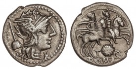 ROMAN COINS: ROMAN REPUBLIC
Denario. 126 a.C. QUINCTIA-2. T. Quinctius Flaminius. 3,75 grs. ESCASA. Cal-1227; FFC-1084. MBC.