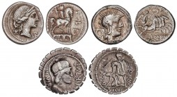 ROMAN COINS: ROMAN REPUBLIC
Lote 3 monedas Denario. AEMILIA, AQUILLIA y OPIMIA. AR. A EXAMINAR. FFC-103, 167, 949. MBC- a MBC.