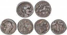 ROMAN COINS: ROMAN REPUBLIC
Lote 3 monedas Denario. NAEVIA, PAPIRIA y POBLICIA. AR. A EXAMINAR. FFC-937, 959, 1014. MBC- a MBC.