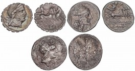 ROMAN COINS: ROMAN REPUBLIC
Lote 3 monedas Denario. PORCIA, TITURIA y VIBIA. AR. A EXAMINAR. FFC-1056, 1156, 1194. BC+ a MBC.