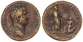ROMAN COINS: ROMAN EMPIRE
Sestercio. Acuñada el 134-138 d.C. ADRIANO. Anv.: HADRIANVS AVG. COS. III P. P. Busto descubierto a derecha. Rev.: RESTITVT...