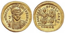 ROMAN COINS: ROMAN EMPIRE
Sólido. 402-450 d.C. TEODOSIO II. CONSTANTINOPLA. Anv.: D. N. THEODOSIVS P. F. AVG. Busto de frente con casco, lanza y escu...