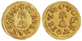 VISIGOTHIC COINS
Triente. GUNDEMARO (610-612 d.C.). TOLETO (Carthaginensis). Anv.: ¶GVNDEM¶RVS REX. Rev.: ¶TOLETO PIV¶. 1,54 grs. AU. RARA. Miles-167...