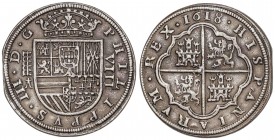 SPANISH MONARCHY: PHILIP III
Philip III
8 Reales. 1618. SEGOVIA. Anv.: Acueducto vertical, debajo ¶. 5 flores de lis en escudo. Ensayador: ¶. Cal-15...