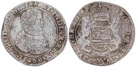 SPANISH MONARCHY: CHARLES II
Charles II
Ducatón. 1668. AMBERES. 31,64 grs. (Perforación tapada a las 12h). Pátina irregular oscura. Vti-483; Vanhoud...