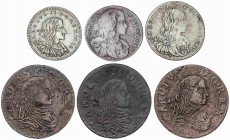 SPANISH MONARCHY: CHARLES II
Charles II
Lote 6 monedas 1 Grano (3), 8 Granos y 1 Carlino (2). 1683 a 1689. NÁPOLES. AE (3), AR (3). A EXAMINAR. BC+ ...