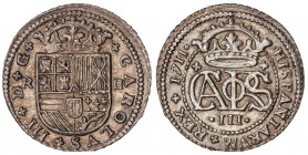 SPANISH MONARCHY: CHARLES III Pretender
Charles III, Pretender
2 Reales. 1711. BARCELONA. 5,26 grs. AR. Bonita pátina de monetario en reverso. Cal-2...