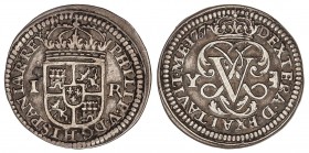SPANISH MONARCHY: PHILIP V
Philipo V
1 Real. 1707. SEGOVIA. Y. 2,98 grs. El cero de la fecha pequeño 17o7. Ligera pátina oscura irregular. Cal-1687....