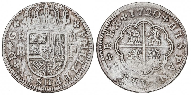 SPANISH MONARCHY: PHILIP V
Philipo V
2 Reales. 1720. SEGOVIA. F. 5,57 grs. Ens...