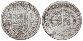 SPANISH MONARCHY: PHILIP V
Philipo V
2 Reales. 1720. SEGOVIA. F. 5,57 grs. Ensayador F grande. Acuñación parcialmente floja. ESCASA. Cal-1397. MBC-....