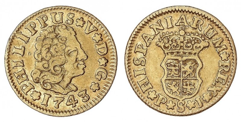 SPANISH MONARCHY: PHILIP V
Philipo V
1/2 Escudo. 1743. SEVILLA. P.J. 1,73 grs....