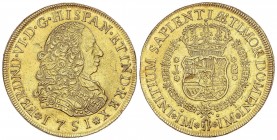 SPANISH MONARCHY: FERDINAND VI
Ferdinand VI
8 Escudos. 1751. LIMA. J. 26,96 grs. (Hojitas y limpiada. Cordoncillo retocado). BELLA. ESCASA. Cal-18; ...