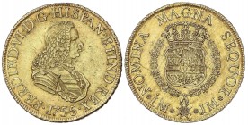 SPANISH MONARCHY: FERDINAND VI
Ferdinand VI
8 Escudos. 1755. LIMA. J.M. 26,95 grs. Restos de brillo original. Cal-22; XC-582. EBC.