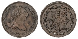 SPANISH MONARCHY: CHARLES III
Charles III
1 Maravedí. 1774. SEGOVIA. 1,14 grs. Restos de brillo original. BELLA. RARA ASÍ. Cal-1928. SC.