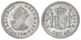 SPANISH MONARCHY: CHARLES III
Charles III
1/2 Real. 1784. MÉXICO. F.F. 1,66 grs. Brillo original. RARA EN ESTA CONSERVACIÓN. Cal-1776. SC.