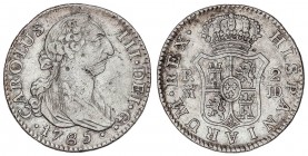 SPANISH MONARCHY: CHARLES III
Charles III
2 Reales. 1785. MADRID. J.D. 5,63 grs. (Hojitas y rayas). RARA. Cal-1317. (MBC).