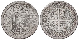 SPANISH MONARCHY: CHARLES III
Charles III
2 Reales. 1768. SEVILLA. C.F. 5,32 grs. No se aprecia sobrefecha. MUY ESCASA. Cal-1439 var. BC+/MBC-.